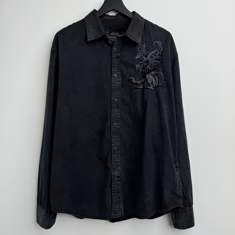 Affliction Shirt Mens XL Black Lion Crown Wings Gothic Long Sleeve Button Up Y2K